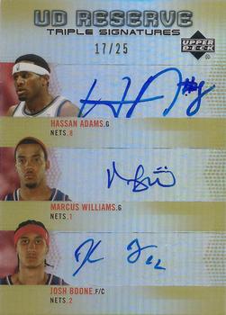 2006-07 UD Reserve - Signatures Triple #TRA-AWB Hassan Adams / Marcus Williams / Josh Boone Front