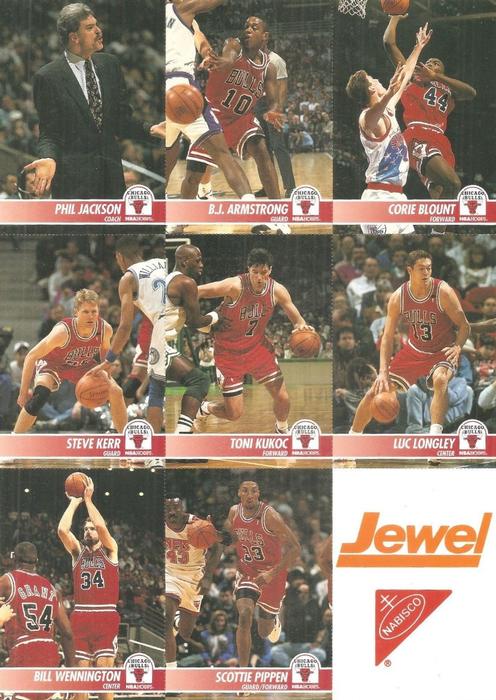 1994 Hoops Chicago Bulls Team Night Sheet SGA - Team Night Panel #NNO B.J. Armstrong / Phil Jackson / Toni Kukoc / Scottie Pippen / Corie Blount / Steve Kerr / Luc Longley / Bill Wennington Front