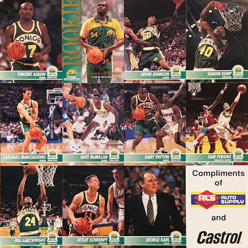 1994 Hoops Seattle SuperSonics Team Night Sheet SGA - Team Night Panel #NNO Vincent Askew / Bill Cartwright / Ervin Johnson / George Karl / Shawn Kemp / Sarunas Marciulionis / Nate McMillan / Gary Payton / Sam Perkins / Detlef Schrempf / Dontonio Wingfield Front