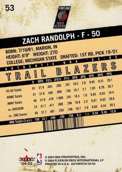 2004-05 Fleer Authentix #53 Zach Randolph Back