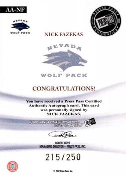 2007-08 Press Pass Legends - All-American Autographs #AA-NF Nick Fazekas Back