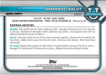 2021-22 Bowman University - Pink #71 Armando Bacot Back