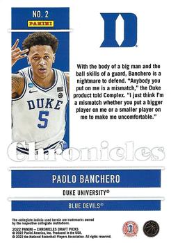 2022 Panini Chronicles Draft Picks #2 Paolo Banchero Back