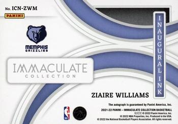 2021-22 Panini Immaculate Collection - Inaugural Ink #ICN-ZWN Ziaire Williams Back