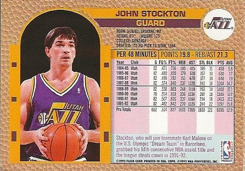 1992-93 Fleer Utah Jazz Team Night Sheet SGA #NNO John Stockton Back