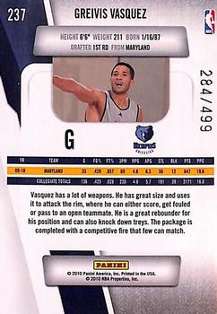 2010-11 Panini Prestige - Bonus Shots Orange #237 Greivis Vasquez Back