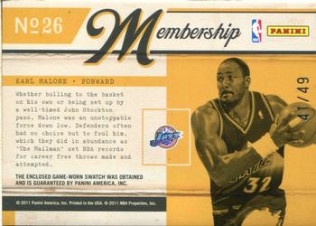 2010-11 Panini Classics - Membership Materials Prime #26 Karl Malone Back