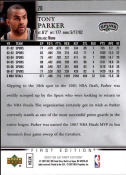 2007-08 Upper Deck First Edition #28 Tony Parker Back