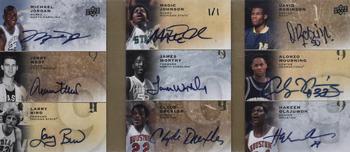 2011 Upper Deck All-Time Greats - Tri-Fold 9 Autographs #AT9-9 Michael Jordan / Jerry West / Larry Bird / Magic Johnson / James Worthy / Clyde Drexler / David Robinson / Alonzo Mourning / Hakeem Olajuwon Front