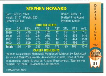 1992 Front Row Draft Picks #31 Stephen Howard Back