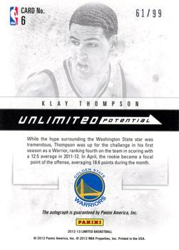 2012-13 Panini Limited - Unlimited Potential Signatures #6 Klay Thompson Back