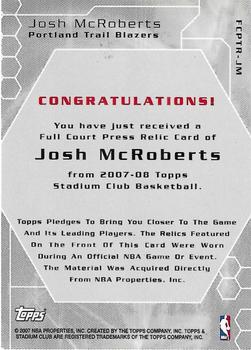 2007-08 Stadium Club - Full Court Press Relics Triple #FCPTR-JM Josh McRoberts Back