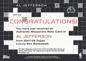 2007-08 Topps Luxury Box - Mezzanine Relics #MR-AJ Al Jefferson Back
