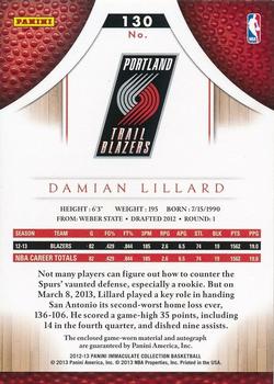 2012-13 Panini Immaculate Collection #130 Damian Lillard Back