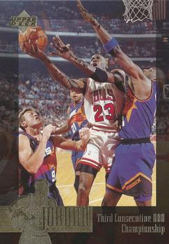 1995-96 Upper Deck The Jordan Collection 3x5 #JC23 Third Consecutive NBA Championship Front