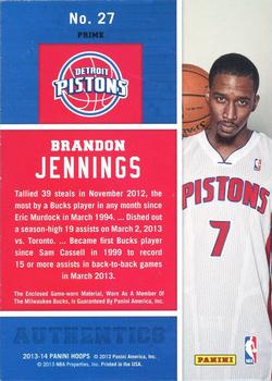 2013-14 Hoops - Authentics Prime #27 Brandon Jennings Back