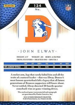 2012-13 Panini Immaculate Collection - Rookie Autographed Patches Sports Variations #134 John Elway Back