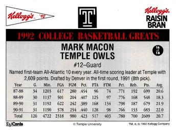 1992 Kellogg's Raisin Bran College Basketball Greats #16 Mark Macon Back