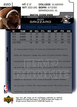 2002-03 Upper Deck MVP #220 Rod Grizzard Back