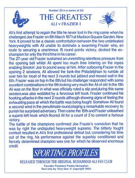 1993 Sporting Profiles - The Greatest #20 Ali v Frazier I Back