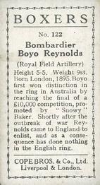 1915 Cope Bros. Boxers #122 Bomb. Boyo Reynolds Back