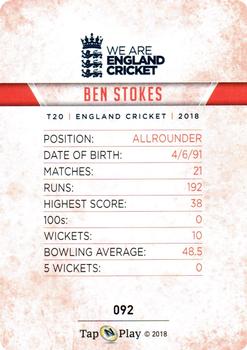 2018 Tap 'N' Play We are England Cricket #092 Ben Stokes Back