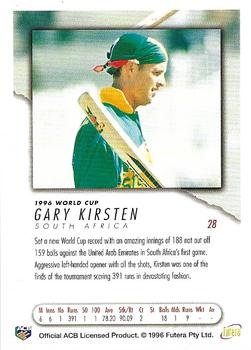 1996 Futera World Cup #28 Gary Kirsten Back