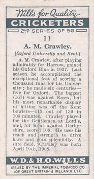 1928 Wills's Cricketers 2nd Series #11 Aidan Crawley Back