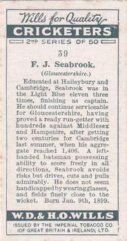 1928 Wills's Cricketers 2nd Series #39 Frederick Seabrook Back