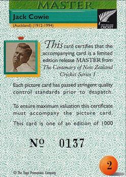 1995 The Topp Promotions Co. Centenary of New Zealand Cricket - The Masters #2 Jack Cowie Back
