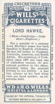1908 WILLS's Cigarettes; Cricketers #15 Lord Hawke Back