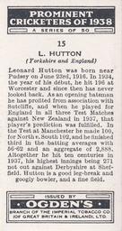 1938 Ogden's Prominent Cricketers #15 Len Hutton Back