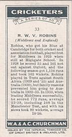 1936 Churchman's Cricketers #33 Robert Robins Back