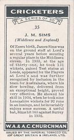 1936 Churchman's Cricketers #35 James Sims Back