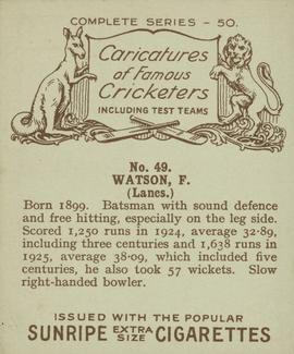 1926 R & J Hill Caricatures Of Famous Cricketers (Large) #49 Frank Watson Back