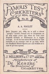 1928 J.Millhoff & Co Famous Test Cricketers (Large) #20 Arthur Mailey Back