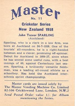 1958 Master Vending Cricketer Series New Zealand #11 John Trevor Sparling Back