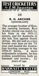 1956 Barratt & Co Test Cricketers Series A #25 Ron Archer Back