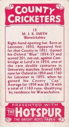 1957 D.C.Thomson County Cricketers (Hotspur) #15 M.J.K. Smith Back