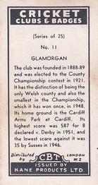 1957 Kane Products Cricket Clubs & Badges #11 Glamorgan Back