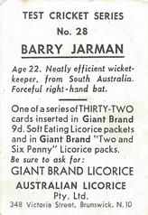 1958 Australian Licorice Test Cricket Series (Green) #28 Barry Jarman Back