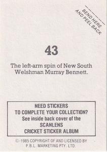 1985 Scanlens Cricket Stickers #43 Murray Bennett Back