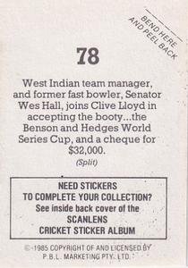 1985 Scanlens Cricket Stickers #78 Wes Hall / Clive Lloyd Back