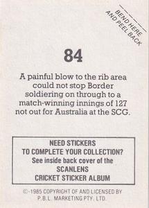 1985 Scanlens Cricket Stickers #84 Allan Border Back