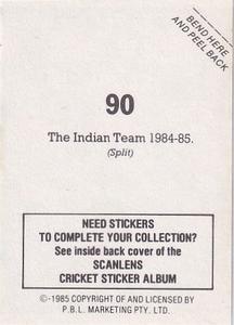 1985 Scanlens Cricket Stickers #90 The Indian Team Back