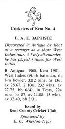 1986 Kent County Cricket Club Cricketers #4 Eldine Baptiste Back
