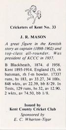 1986 Kent County Cricket Club Cricketers #33 Jack  Mason Back