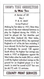 1992 County Print Services 1950's Test Cricketers #1 Peter May Back