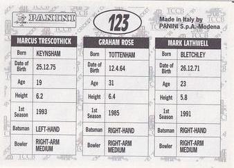 1995 Panini Cricket Stickers #123 Mark Lathwell / Graham Rose / Marcus Trescothick Back