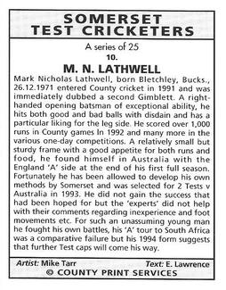 1994 County Print Services Somerset Test Cricketers #10 Mark Lathwell Back